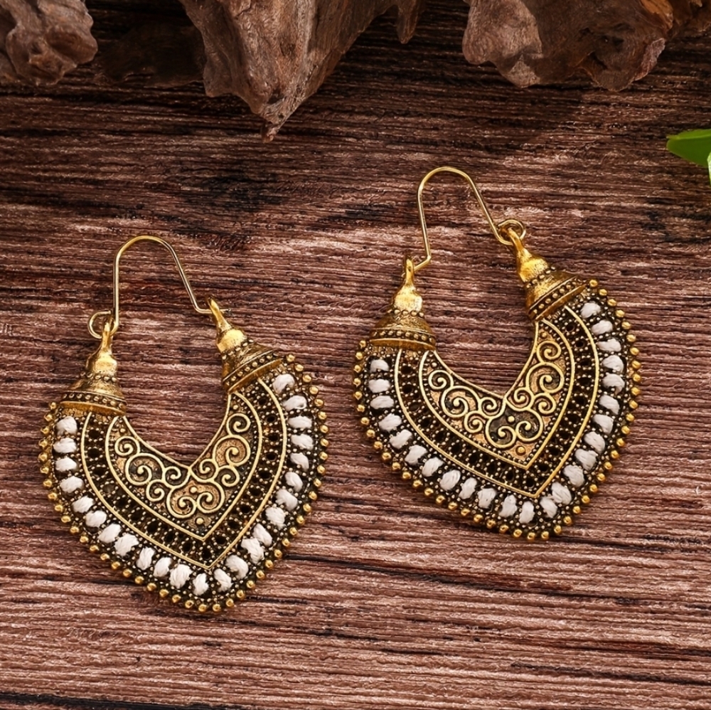 Gold-Tone Filigree Heart Drop Earrings with White Bead Detailing